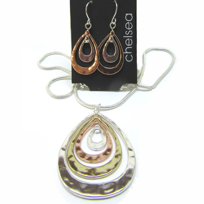Tri-gold plated Hammered Teardrop Set - NE1772 - Click Image to Close